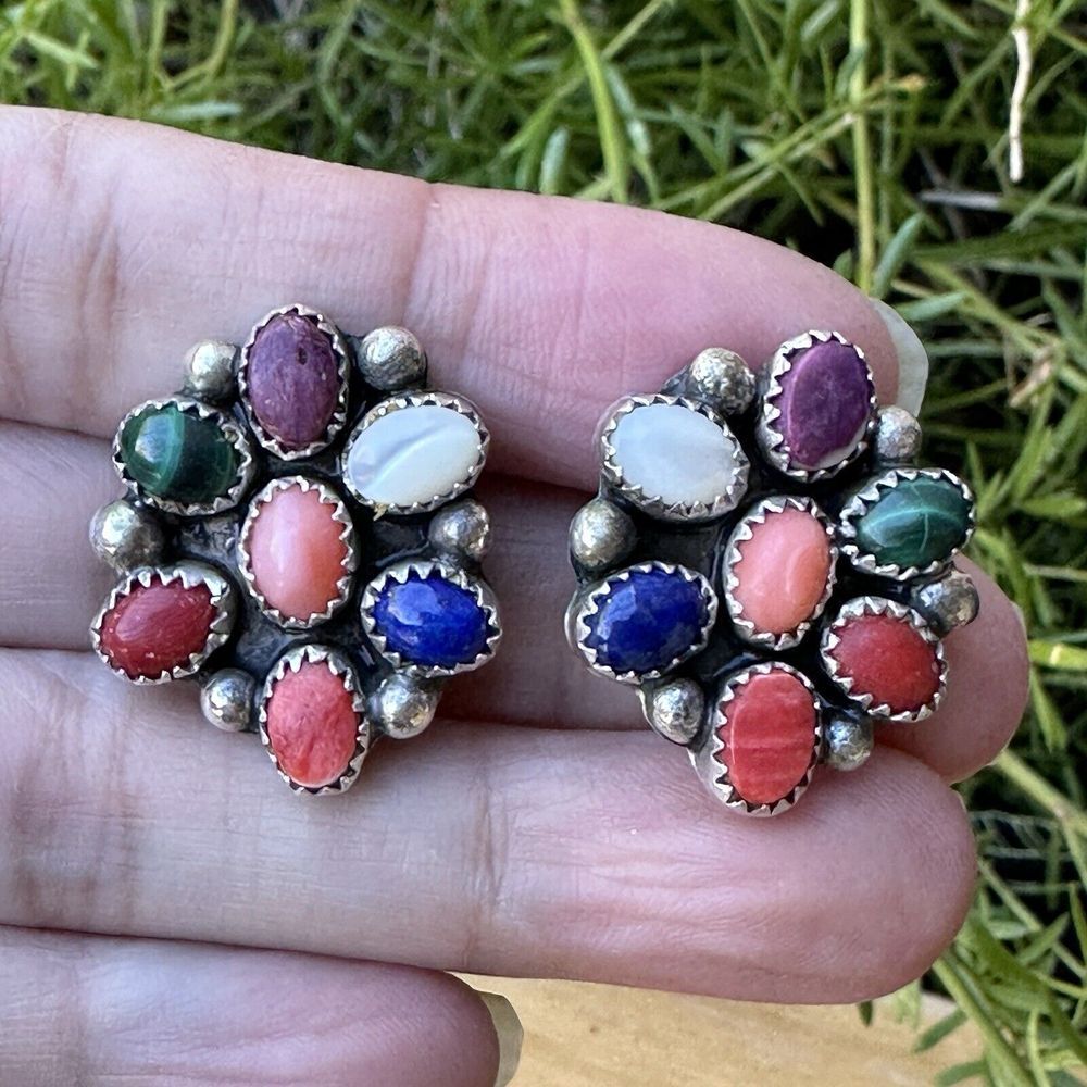 Navajo Foster Yazzie Clip Earrings‎ 1 Inch Multicolor Gems 925 Sterling 10.9g
